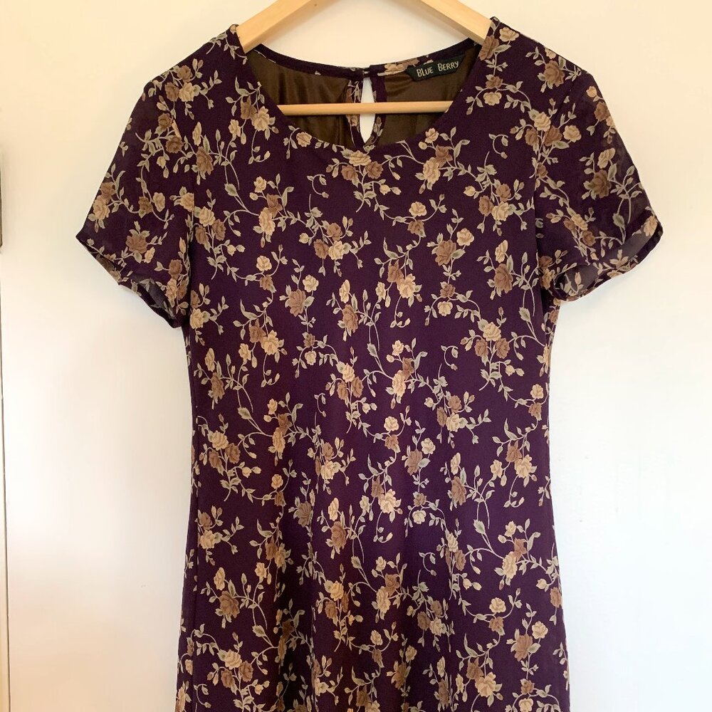 Purple Floral Midi Dress - Vintage Blue Berry - M